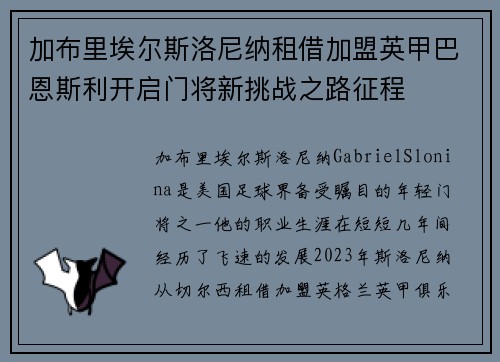 加布里埃尔斯洛尼纳租借加盟英甲巴恩斯利开启门将新挑战之路征程
